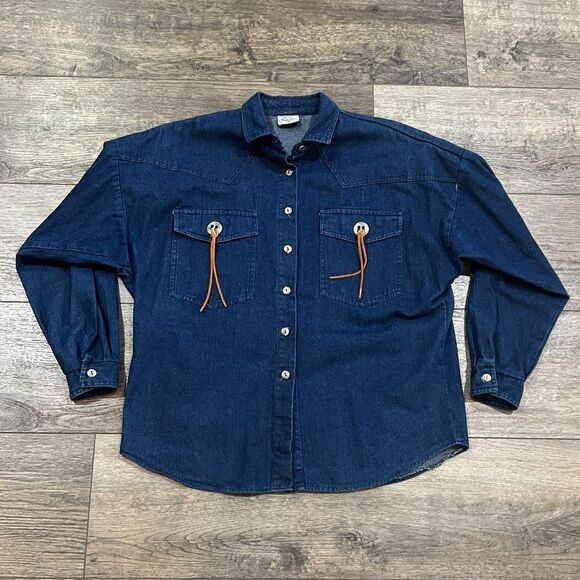 Vintage Roughrider by Circle T Denim Shirt Leather Pocket Tassles USA Made Large - Picture 1 of 7